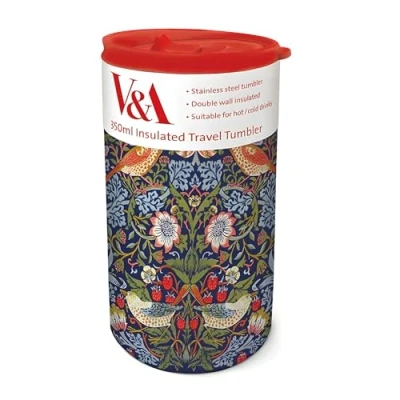 Immagine di Museums &amp; Galleries Bicchiere da viaggio isolato William Morris Strawberry Thief Design V A Tazza in acciaio inox 350 ml riutilizzabile