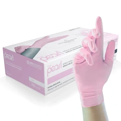 Immagine di Unigloves Pink Pearl Guanti Monouso in Nitrile Resistenti, Senza Polvere e Lattice Adatto per uso Sanitario, Alimentare Professionale Confezione da 100, Rosa, Taglia L (GP0054)