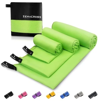Immagine di Zenacross Asciugamano Palestra (Set di 3) con Borsa per il Trasporto Microfibra a Rapida Asciugatura e Versatile Telo Taglie S, M, L Verde