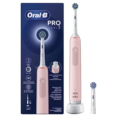 Immagine di Oral B Spazzolino Elettrico Ricaricabile Pro Series 3, Sensore di Pressione Luminoso, Batteria a Lunga Durata, 2 Testine, 1 Elettrico, Custodia Viaggio, Rosa, Idea Regalo