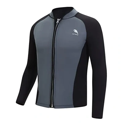 Immagine di Giacca da uomo donna in neoprene 2 mm con cerniera frontale a maniche lunghe per surf, nuoto, immersioni subacquee (4XL, Uomini grigio/nero)