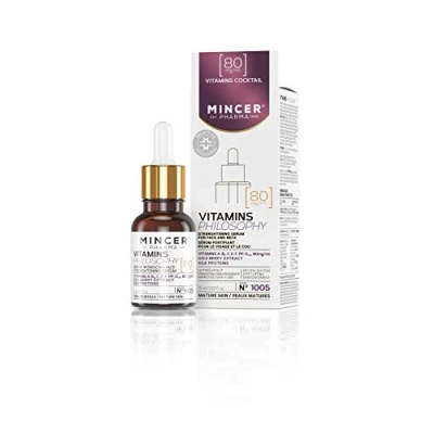 Immagine di Mincer Pharma Vitamins Philosophy Siero rinforzante lifting viso e collo per pelli mature con estratto di bacche goji, vitamine A, B, C, E, F, PP, D proteine ​​della seta, 15 ml