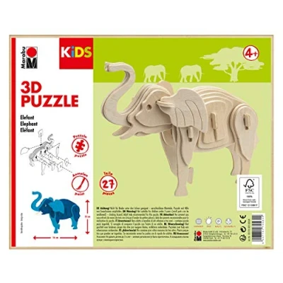 Immagine di Marabu Kids Puzzle in Legno 3D a Forma di Elefante, 27 Pezzi, Circa 16 x 13 cm, Colore, 0317000000024