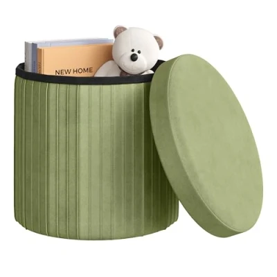 Immagine di WOLTU Pouf Contenitore, Sgabello con Contenitore Rotondo, Poggiapiedi per Divano, Basso Pieghevole, Soggiorno, Camera da Letto, in Velluto, φ38xH36cm, Verde