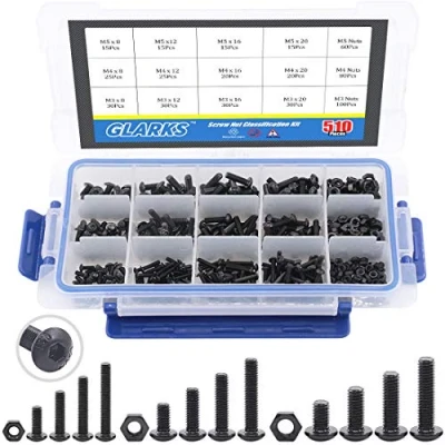 Immagine di Glarks 510 viti M3 M4 M5 in lega di acciaio con testa a bottone, kit assortito dadi, finitura ossido nero (testa bottone)