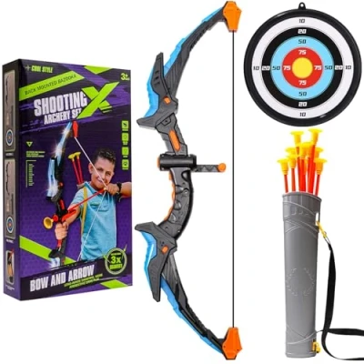 Immagine di Azyvum Set di giocattoli per bambini, con arco e freccia, luce a LED, 10 frecce ventosa, interni ed esterni, 6, 7, 8, 9, 10, 11, 12 anni, ragazzi ragazze, regalo compleanno