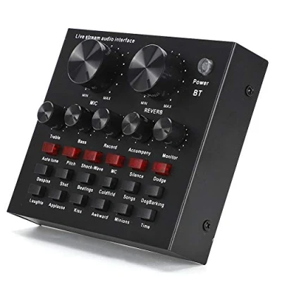 Immagine di scheda audio esterna V8, di trasmissione live per computer Bluetooth, cambio voce ABS, con 112 tipi elettroacustico, 18 effetti sonori, 6 modalità effetto. (