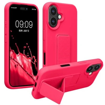 Immagine di kwmobile 1x Custodia Compatibile con Apple iPhone 16 Cover Supporto Dita Back Case per Smartphone Protezione Gommata rosa shocking