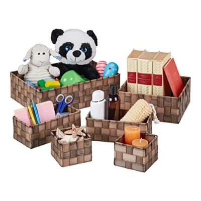 Immagine di Relaxdays Cestini Bagno Portaoggetti, Set 6 Contenitori Salvaspazio &amp; Universali, 4 Grandezze, Box in Plastica, Marrone, 90% 10% Ferro