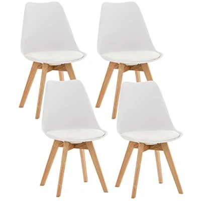 Immagine di CLP Set di 4 sedie da pranzo Linares in plastica I tessuto velluto corda pelle poltrona con struttura legno, Colore:bianco, Materiale:Plastica
