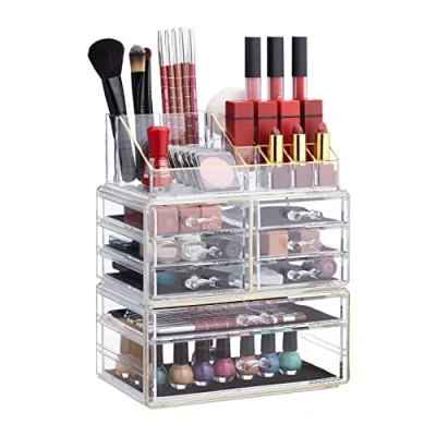 Immagine di Relaxdays, Trasparente/Oro Organizer Make Up con Cassetti, Porta Trucchi e Accessori, Acrilico, 30 x 24 14 cm