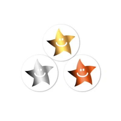 Immagine di Mini adesivi ricompensa a forma di stella sorridente in oro, argento e bronzo. 540 x 10 mm per confezione. 180 pezzi colore.