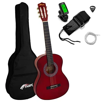 Immagine di Tiger CLG4 RDTU Chitarra Classica Spagnola 3/4 Ideale per Principianti e Bambini 9+ anni Accordatore, Custodia, Plettro, Tracolla Corde di Ricambio Inclusi Rosso Dimensione Tre Quarti