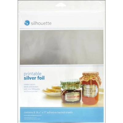 Immagine di Silhouette MEDIA SVR ADH fogli adesivi stampabili, 21,6 x 27,9 cm, Argento, Set da 8