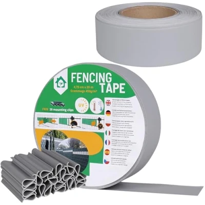 Immagine di nastro per recinzione, copertura recinzione a pannelli, ombreggiante I Schermo privacy in PVC Strisce Resistenti alle Intemperie UV 35 m 450g/m2 + 20 clip di fissaggio (Nero, 4,75 cm)