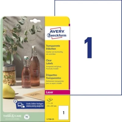 Immagine di Avery Zweckform L7784 25 Etichetta a Pellicola 210 x 297 mm in poliestere Trasparente pz. tenuta permanente Stampante laser colori,