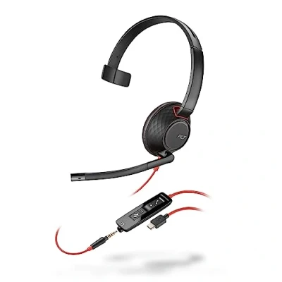 Immagine di Poly Blackwire 5210, Cuffia Monoaurale Cablata con Connessione USB A, C e AUX 3,5 mm, Cuscinetto in Similpelle, Riduzione del Rumore, Comandi sul Cavo, Compatibile Windows 10 macOS, Nero