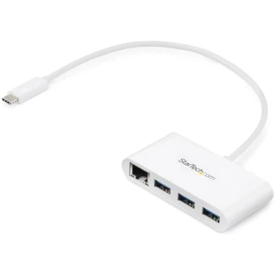 Immagine di StarTech.com Hub USB 3.0 a 3 porte con Gigabit Ethernet, 5Gbps, C 3x A, Perno e Concentratore Type C, Bianco (HB30C3A1GEA)