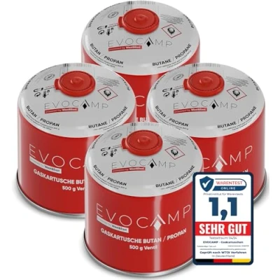 Immagine di EVOCAMP Cartucce di Gas butano da 500g, Cartuccia a Vite con butano/propano 899 ml, Conforme alla Norma EN 417, Adatta per Campeggio (4X)