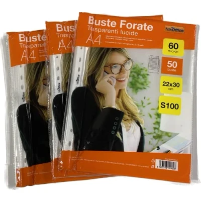 Immagine di NIKOFFICE S100 Confezione da 50 Buste Perforate Trasparenti in PPL Lucide, Formato A4