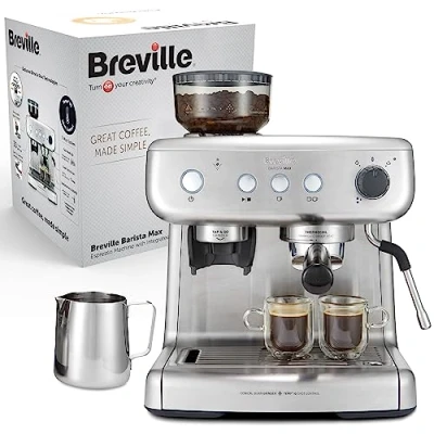 Immagine di Breville Macchina per caffè espresso Barista Max, sistema Thermoblock con tecnologia PID, vaporizzatore, pompa italiana 15 bar, capacità 2.8 l, 1550 W, Macina integrato, Argento