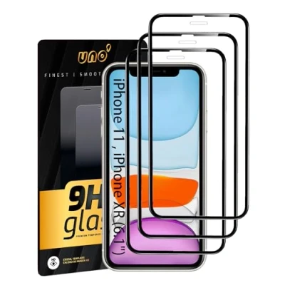 Immagine di UNO&#039; Confezione da 3 pellicole protettive in Vetro temperato per iPhone 11/XR (6,1 Pollici), Copertura Completa con Bordi Neri, Anti Impronte, AntiGraffio, durezza 9H, Senza Bolle, Molto