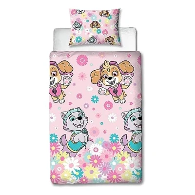 Immagine di Character World Paw Patrol, set copripiumino singolo per bambini, reversibile, con motivo floreale su 2 lati, federa coordinata, letto