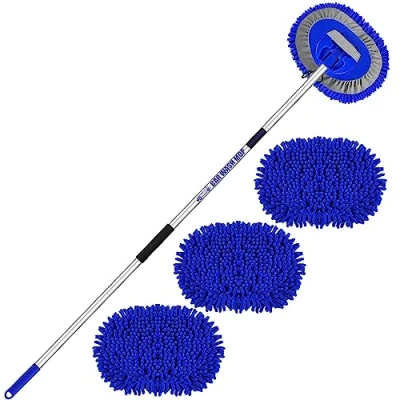 Immagine di 160cm 63&quot; Spazzola per Autolavaggio Manico Telescopico Microfibra Kit Pulizia Auto Esterno Interni Casa Camper Camion Car Detailing Spazzolone Lavaggio 2 In 1 Spazzole Multifunzione Pennelli Accessori
