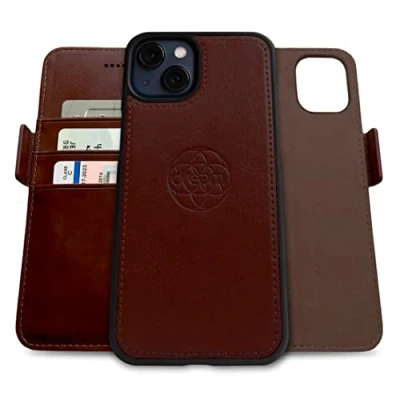 Immagine di dreem Fibonacci compatibile con iPhone 13 custodia a portafoglio/custodia antiurto 2 in 1 e folio pelle vegana staccabile, MagSafe, protezione RFID [Caffè]
