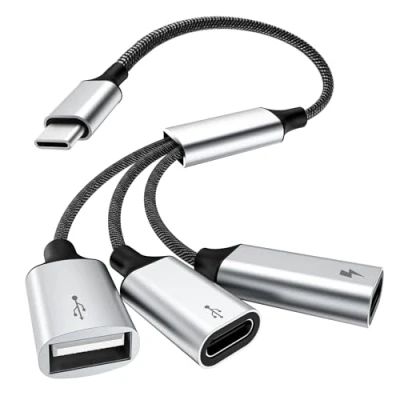 Immagine di TiMOVO Splitter Cavo Adattatore USB C, Convertitore da C Maschio A 2 Porte Femmina e 1 Femmina, per Trasferimento Dati Ricarica Steam Deck, ASUS ROG Ally, Xbox One, PS5, Mac