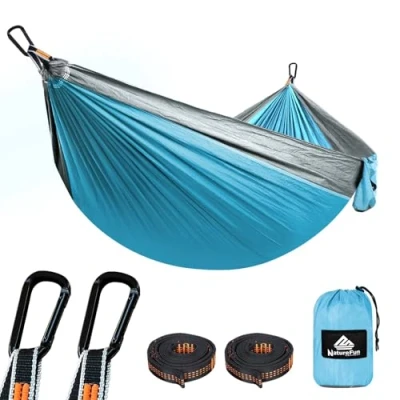 Immagine di NTUREFUN Amaca da Campeggio Viaggio Ultraleggera Capacità di Carico 300kg,(275 x140 cm) Traspirante,Nylon Paracadute ad Asciugatura Rapida 2 x Moschettoni, Corde in Nylon Incluse
