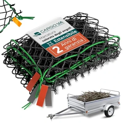 Immagine di CargoVA® rete intelligente per rimorchi estensibile da 1,2x2,5 a 2x4 M elastica nera con corda in gomma e marcatura degli angoli un fissaggio perfetto del carico