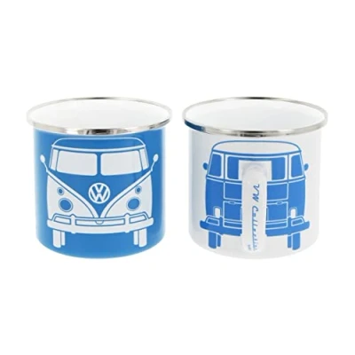 Immagine di Brisa VW Collection Volkswagen Set di 2 tazze in metallo smaltato da tè, caffè, latte, cappuccino, Campervan Bus T1 design 350 ml x2 (Blu &amp; Bianco)