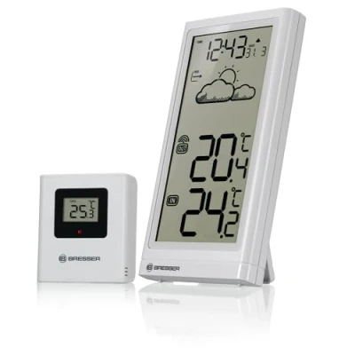 Immagine di Bresser Stazione Meteo radio con sensore esterno Temp, termometro indicatore di temperatura per interni ed esterni, previsioni meteo, base pieghevole e supporto da parete, grigio