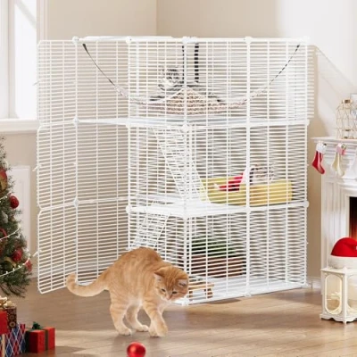 Immagine di YITAHOME Gabbia per Gatti, Recinto Gatti con 3 Porte, 2 Scale, Box in Metallo a Livelli Amaca, Rimovibile Catio Filo Denso 1 Bianco, 72x72x104 cm