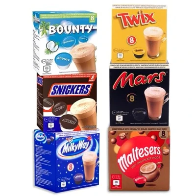 Immagine di Bevande al cioccolato compatibili con Dolce gusto, 48 capsule di cioccolata calda Mars, Twix, Milkyway, Snickers, Bounty e Malteser