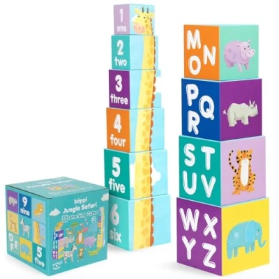 Immagine di boppi Blocchi impilabili per bambini, Animali del safari nella giungla con lettere e numeri, Cubi Montessori i più piccoli, Giocattoli di apprendimento prescolare