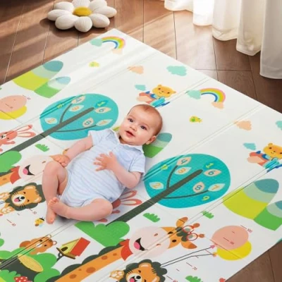 Immagine di Tappetino da gioco per bambini, 200 x 180 cm 1 cm, pieghevole, non tossico, inodore, fondo in schiuma XPE, antiscivolo su entrambi i lati, impermeabile, interni ed esterni, giraffa