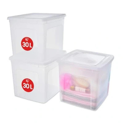 Immagine di Iris Ohyama Scatole Portaoggetti, 30L, Set di 3, Trasparente, Chiusura facile, Impilabile, Plastica Per Armadio, Scaffali, Scuola, Organizzazione, Giocattoli, Cartoleria, Scarpe,