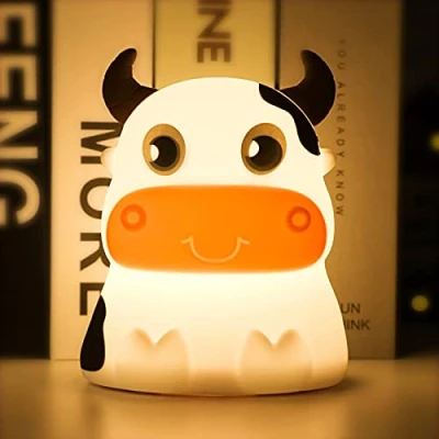 Immagine di AVEKI Luce notturna per bambini, portatile, ricaricabile, con controllo del rubinetto, cambia colore, in silicone, simpatica lampada a forma di mucca, decorazione camera da letto