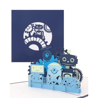 Immagine di biglietto pop up &quot;Funny Robots&quot; Divertente robot 3D come di compleanno, buono, invito, buono regalo o per compleanno bambini e inizio della scuola.