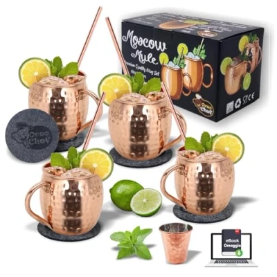 Immagine di Orso Chef Set Completo Di 4 Bicchieri Cocktail Moscow Mule Rame, Accompagnati Da Cannucce, Sottobicchieri E Dosatore. Con book Cocktails