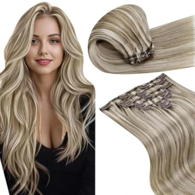 Immagine di LaaVoo Extension Capelli Veri Clip 7pcs 120g 45cm Marrone Chiaro con Biondo Highlighted Lisci Estensioni Dei Umani Reali #p8/24
