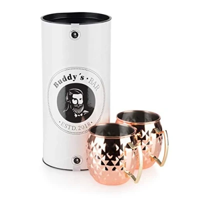 Immagine di Buddy&#039;s Bar 2 Tazze per Moscow Mule, 500 ml, in Acciaio Inossidabile di Alta qualità con Struttura ad Ananas, da Cocktail, Confezione Regalo Inclusa, Set 2, Rame lucidato