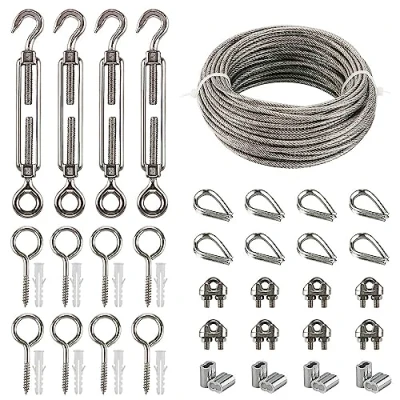 Immagine di Fune Acciaio Cavo Corda Inox Kit, 20m Rotolo Filo in con M5 Tenditore a Gancio ed Occhiello, Viti occhio, Morsetti,Manicotti Fune,Redancia Redance Per Cavi e Funi
