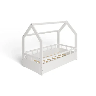 Immagine di MS FACTORY Letto Casetta in Massello 70x140cm con Telaio a Doghe per Bambini Singolo Sponda Anticaduta Stile Scandinavo Nordico Montessori Barriere Bianche