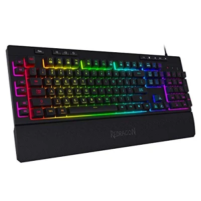Immagine di Redragon Tastiera da gioco a membrana retroilluminata RGB Shiva K512 Layout USA con tasti multimediali, interruttore meccanico lineare, controllo multimediale dedicato, poggiapolso staccabile