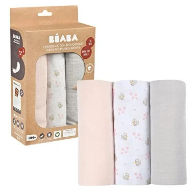 Immagine di BÉABA, Set di 3 Copertine Neonato, Mussola Cotone Biologico Multiuso: Copertina Fasciatoio, Bavaglino, da Viaggio, Doudou, Morbidissimo, Traspirante, Dimensioni 70 x 70, Motivo a Cigni
