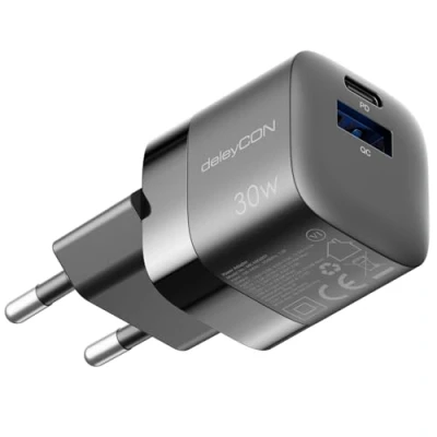 Immagine di deleyCON Caricabatterie USB A e C (2 Porte Caricatore Rapido Compatto 30W) Alimentatore GaN per iPhone 16/15/14/13/12/11 iPad Galaxy S24/S23 Cellulari Pixel PD 3.0 Nero