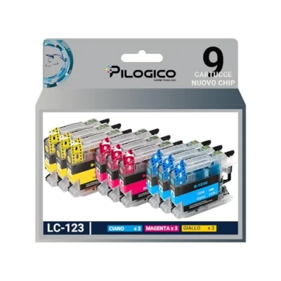 Immagine di Pilogico 9 Cartucce Compatibili con LC 123 600 copie per Stampanti Brother LC123 DCP J132W,DCP J152W,DCP J4110DW,DCP J552DW,DCP J752DW MFC J470DW,MFC J650DW,MFC J4410DW,MFC J4510DW,MFC J4610DW